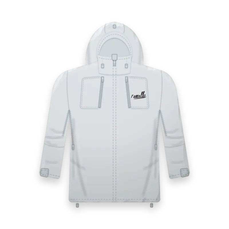 The men’s Alpine Shell Jacket in Glacier, with a large adjustable hood, high chest pockets and pit zips