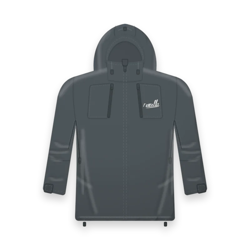 The men’s Alpine Shell Jacket in Slate, with a large adjustable hood, high chest pockets and pit zips