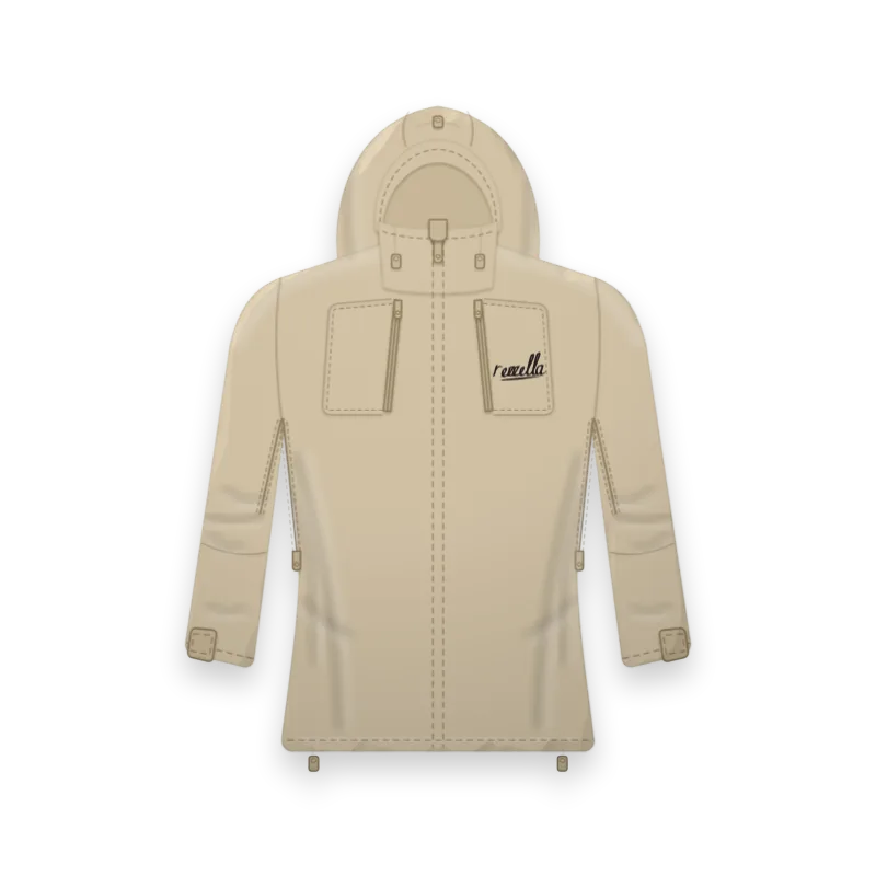 The women’s Alpine Shell Jacket in Sand, with a large adjustable hood, high chest pockets and pit zips