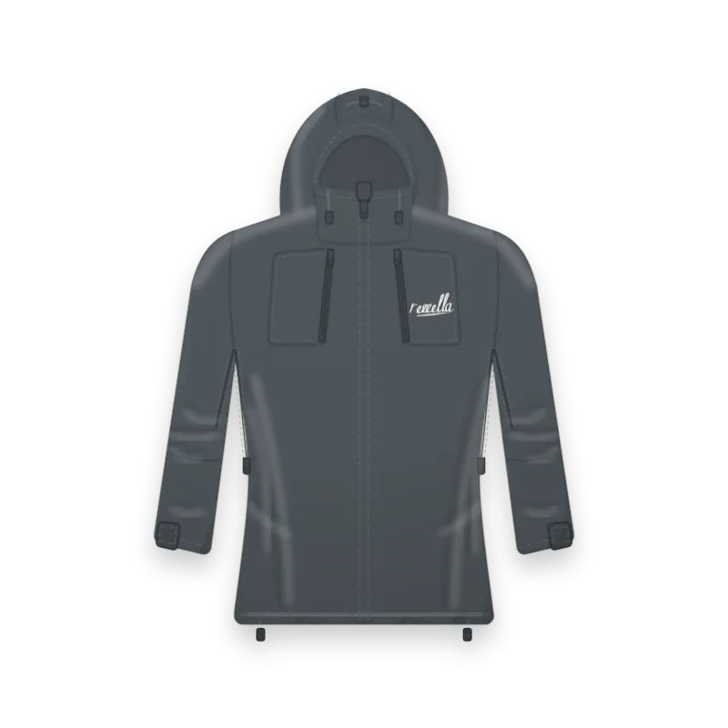 The women’s Alpine Shell Jacket in Slate, with a large adjustable hood, high chest pockets and pit zips