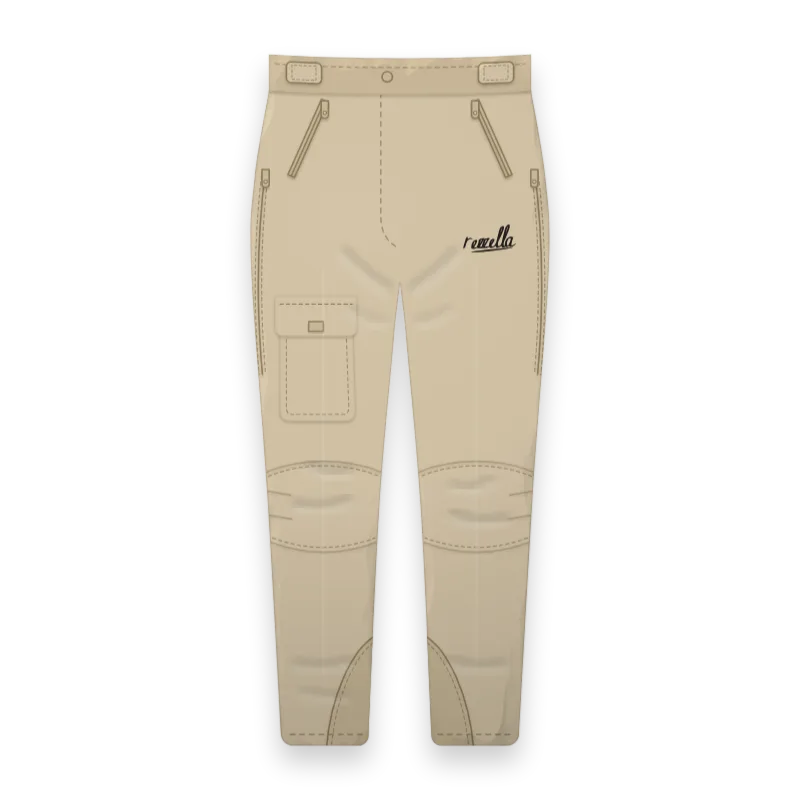 The men’s Alpine Trousers in Sand, with shaped knees, thigh vent zips, waist tabs and a cargo pocket