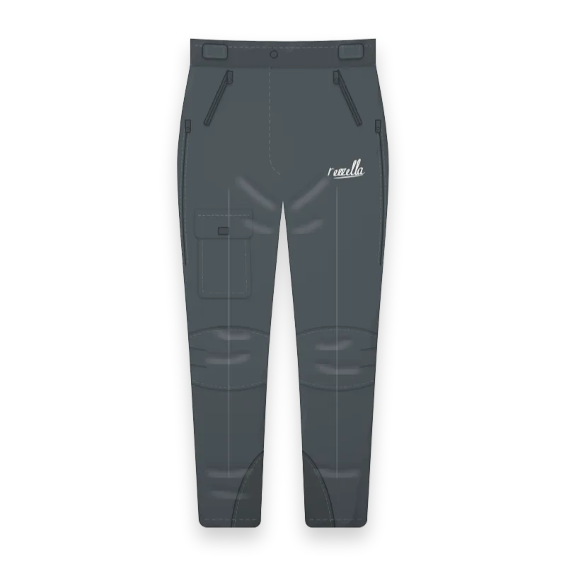 The men’s Alpine Trousers in Slate, with shaped knees, thigh vent zips, waist tabs and a cargo pocket