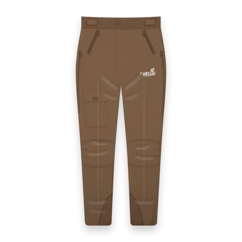 The men’s Alpine Trousers in Tobacco, with shaped knees, thigh vent zips, waist tabs and a cargo pocket