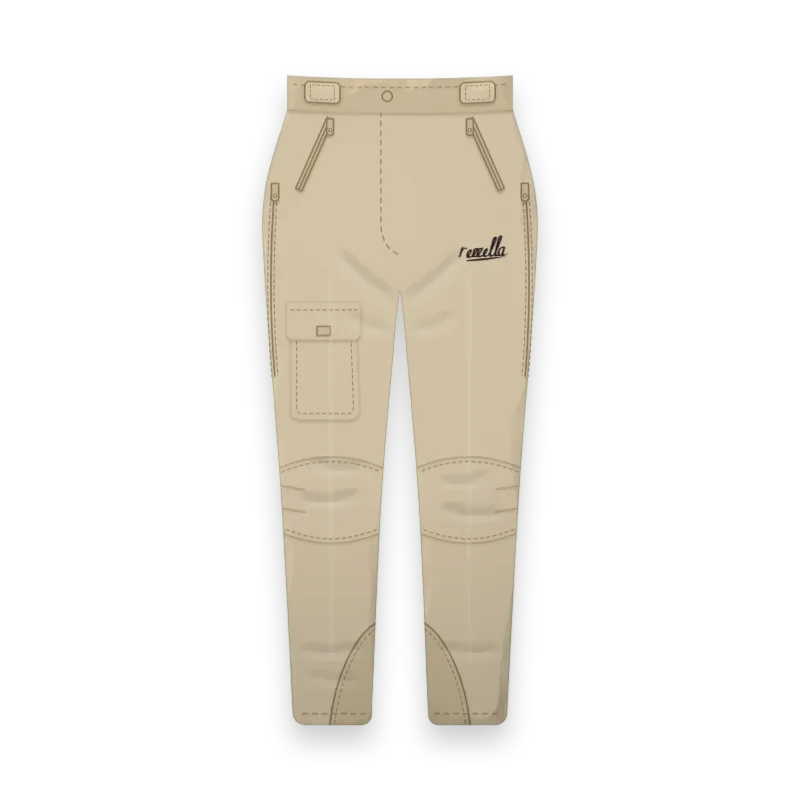 The women’s Alpine Trousers in Sand, with shaped knees, thigh vent zips, waist tabs and a cargo pocket