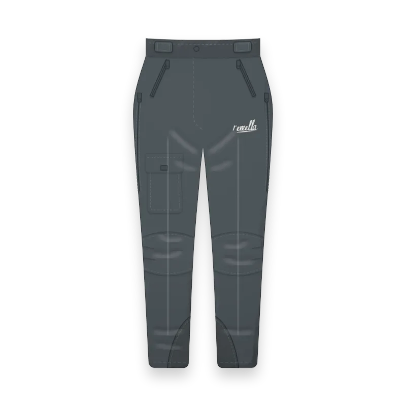 The women’s Alpine Trousers in Slate, with shaped knees, thigh vent zips, waist tabs and a cargo pocket