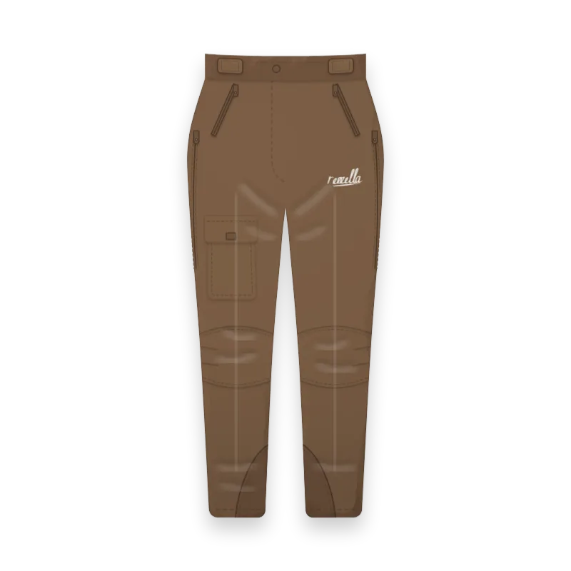 The women’s Alpine Trousers in Tobacco, with shaped knees, thigh vent zips, waist tabs and a cargo pocket