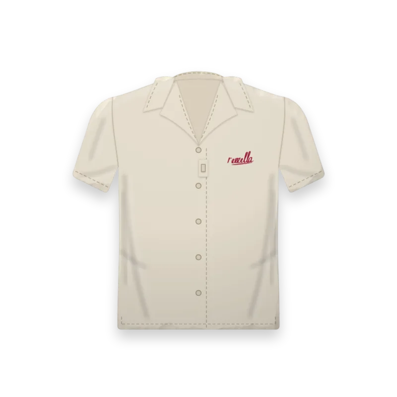 The men’s Camp Collar Shirt in Ecru, a relaxed short sleeve shirt with a camp collar, a sunglasses loop on the front and side vents