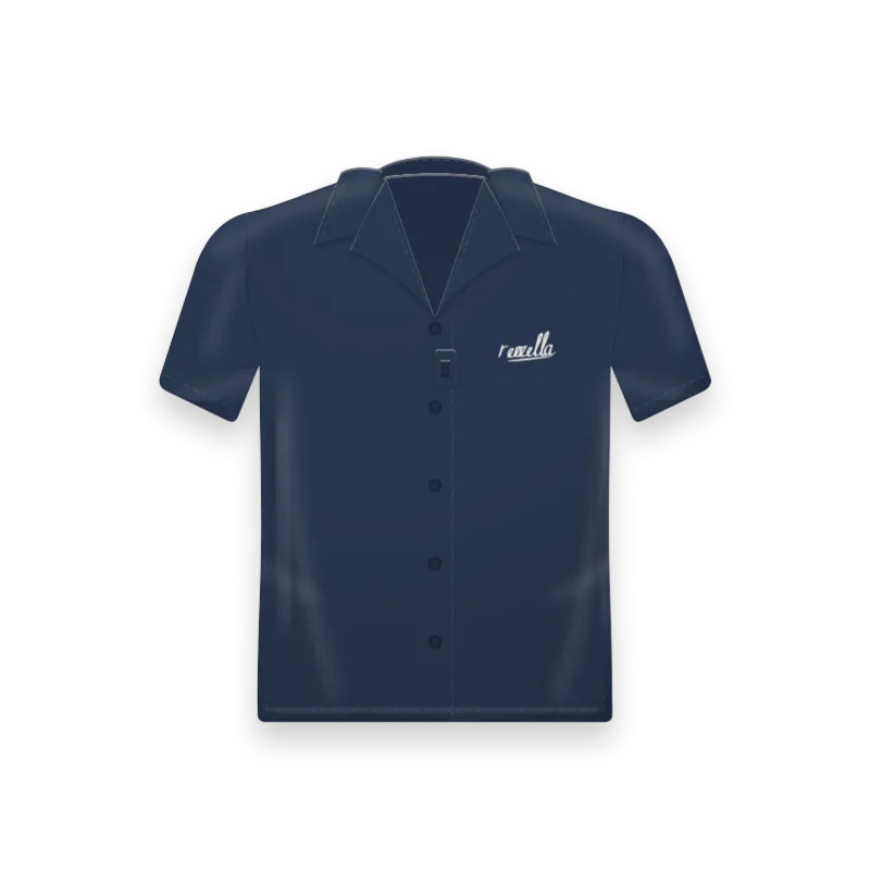 The men’s Camp Collar Shirt in Navy, a relaxed short sleeve shirt with a camp collar, a sunglasses loop on the front and side vents