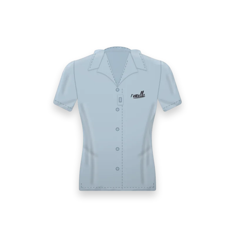 The women’s Camp Collar Shirt in Sky, a relaxed short sleeve shirt with a camp collar, a sunglasses loop on the front and side vents