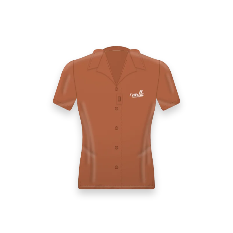 The women’s Camp Collar Shirt in Terracotta, a relaxed short sleeve shirt with a camp collar, a sunglasses loop on the front and side vents