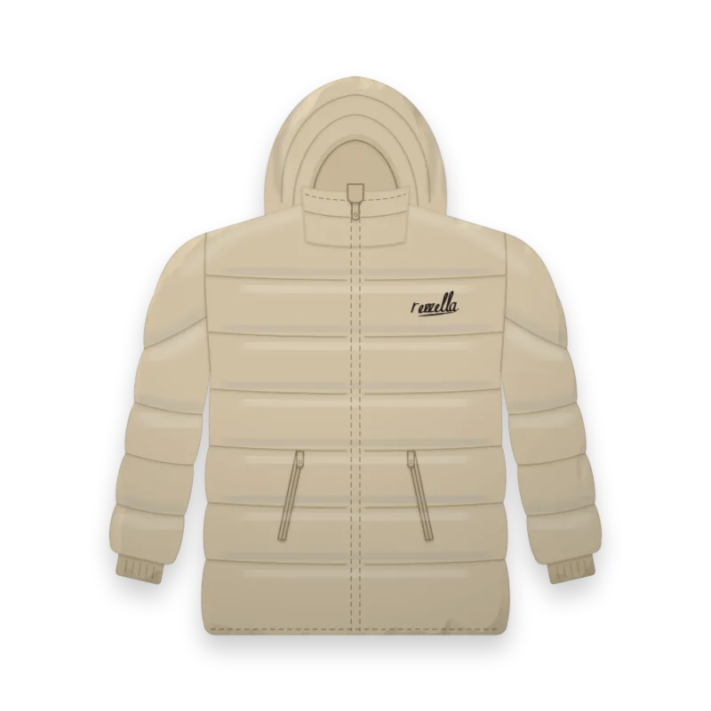 The men’s Down Hooded Jacket in Sand, with stitched baffles, a padded hood and zipped hand pockets