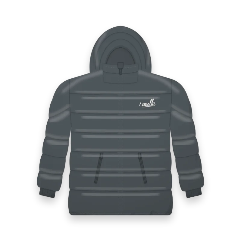 The men’s Down Hooded Jacket in Slate, with stitched baffles, a padded hood and zipped hand pockets