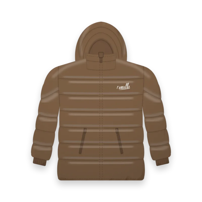The men’s Down Hooded Jacket in Tobacco, with stitched baffles, a padded hood and zipped hand pockets