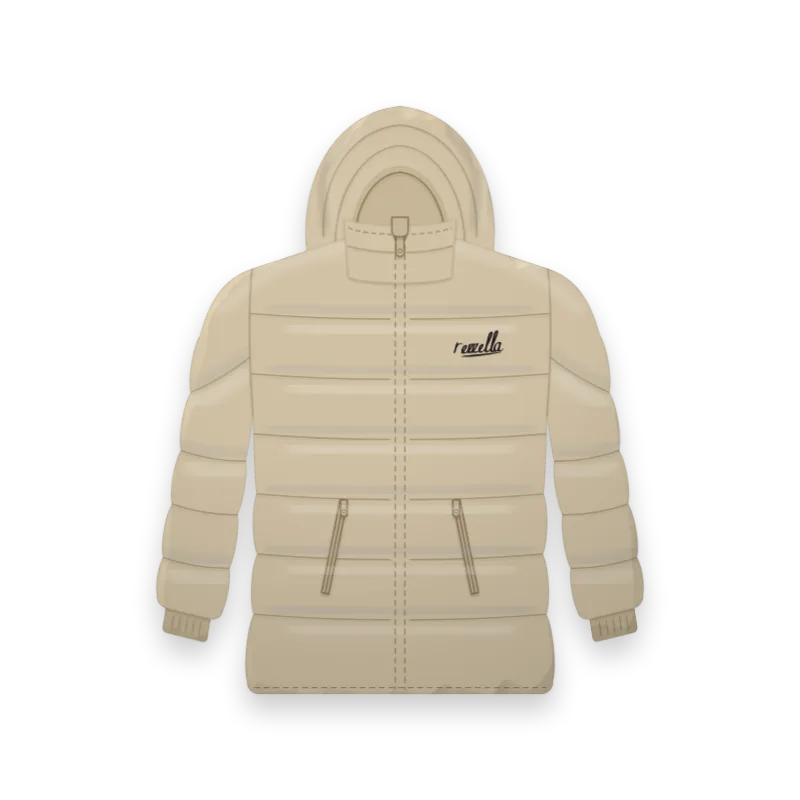 The women’s Down Hooded Jacket in Sand, with stitched baffles, a padded hood and zipped hand pockets