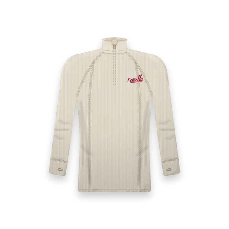 The men’s Frost Base Layer in Ecru, a fitted half zip top with thumbholes and flat seams