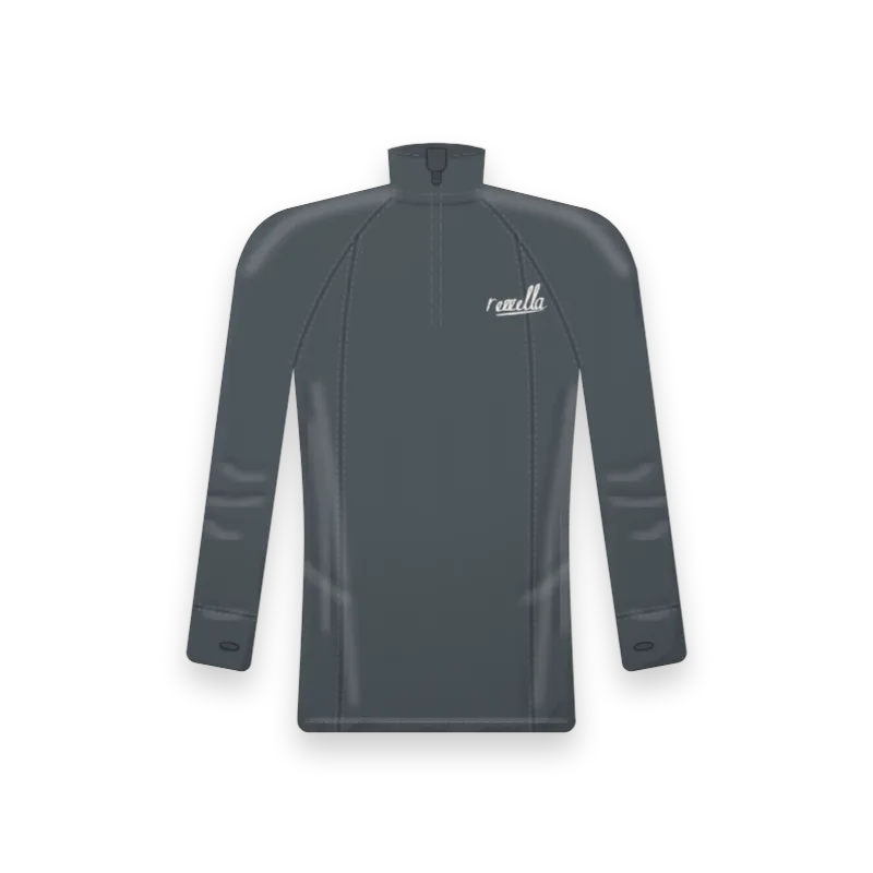 The men’s Frost Base Layer in Slate, a fitted half zip top with thumbholes and flat seams