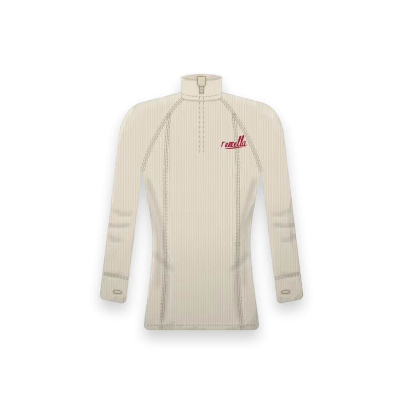 The women’s Frost Base Layer in Ecru, a fitted half zip top with thumbholes and flat seams