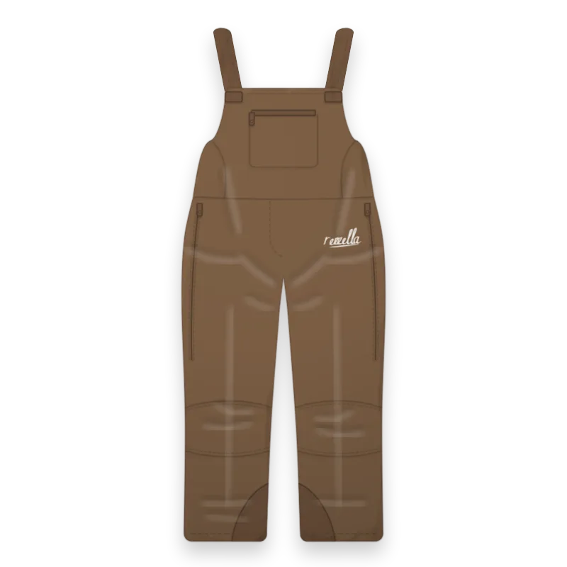 The men’s Frost Bib Trousers in Tobacco, with a high bib, shoulder straps, a chest pocket, side zips and kick patches at the hem