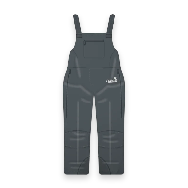 The women’s Frost Bib Trousers in Slate, with a high bib, shoulder straps, a chest pocket, side zips and kick patches at the hem