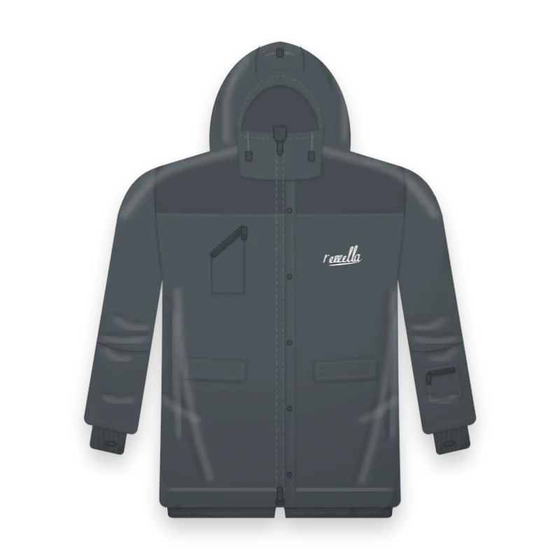 The men’s Frost Ski Jacket in Slate, with a large hood, a powder skirt, wrist gaiters and a pocket on the sleeve for a ski pass