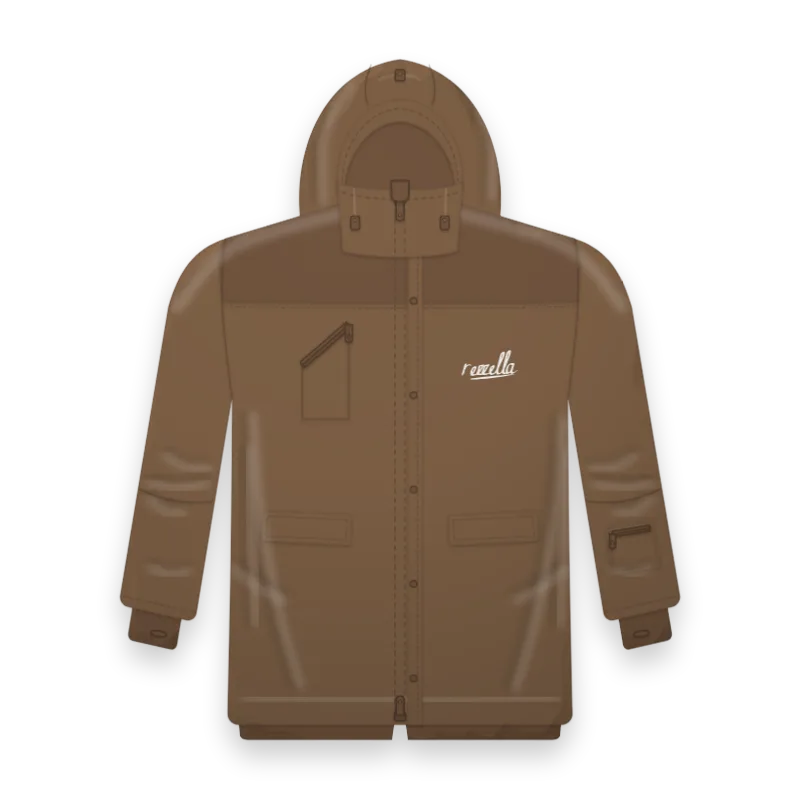 The men’s Frost Ski Jacket in Tobacco, with a large hood, a powder skirt, wrist gaiters and a pocket on the sleeve for a ski pass