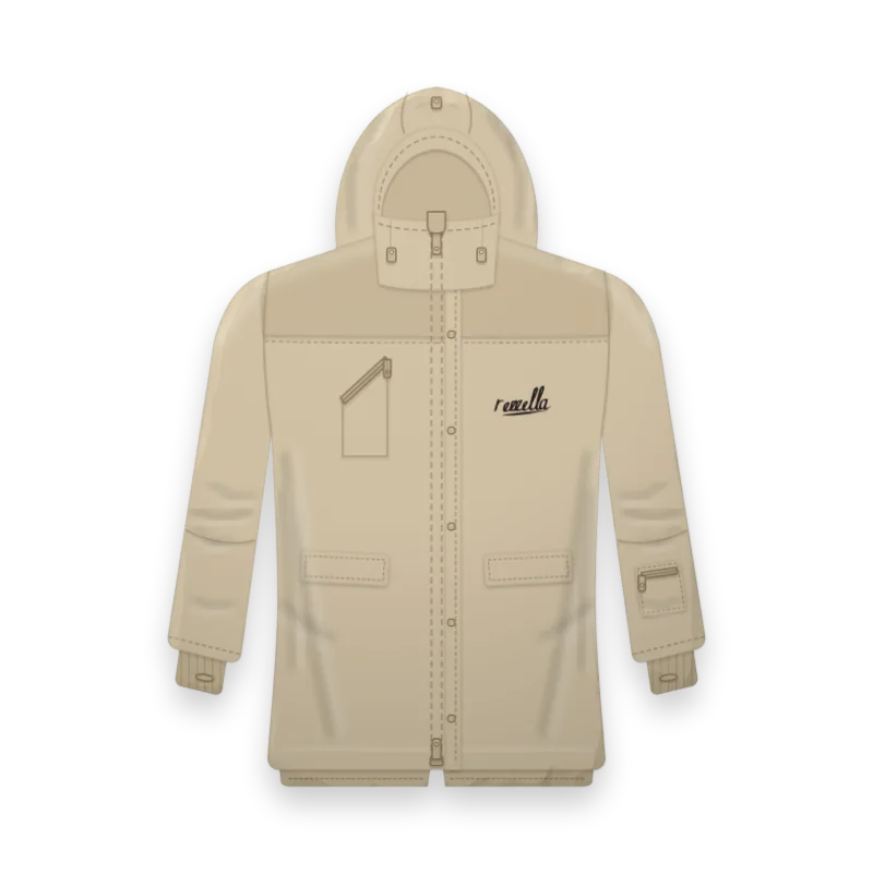 The women’s Frost Ski Jacket in Sand, with a large hood, a powder skirt, wrist gaiters and a pocket on the sleeve for a ski pass