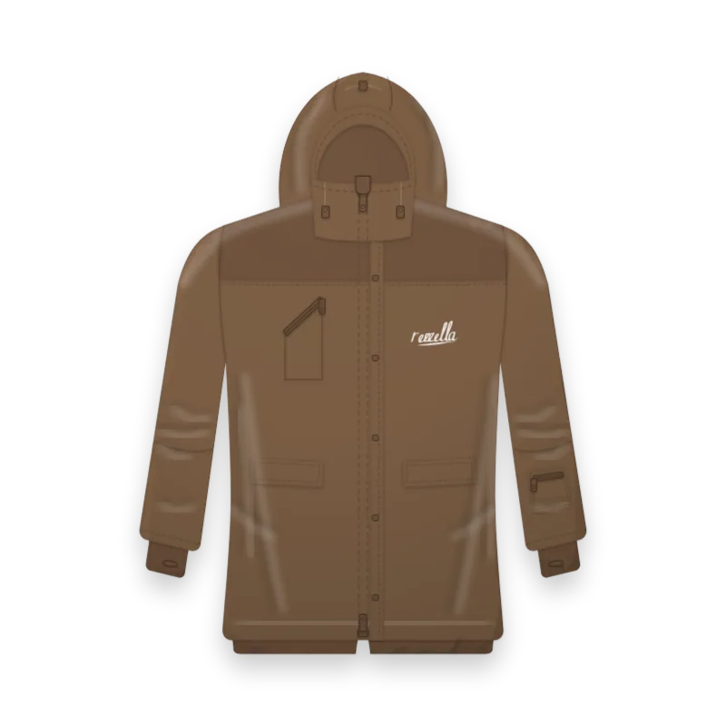 The women’s Frost Ski Jacket in Tobacco, with a large hood, a powder skirt, wrist gaiters and a pocket on the sleeve for a ski pass