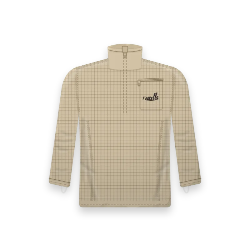 The men’s Grid Fleece Half Zip in Sand, with a grid knit, a high collar, a zipped chest pocket and thumb loops