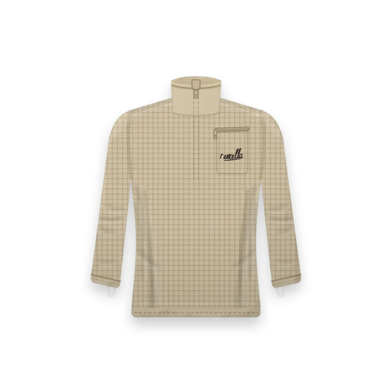 The women’s Grid Fleece Half Zip in Sand, with a grid knit, a high collar, a zipped chest pocket and thumb loops