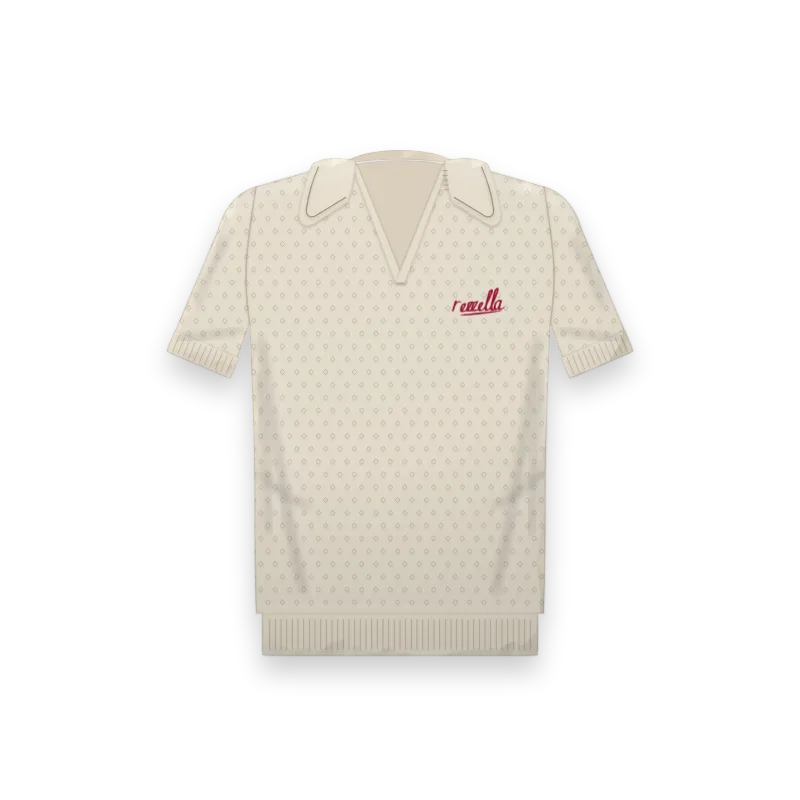 The men’s Knit Polo in Ecru, an open knit polo with a buttonless collar, ribbed cuffs and a ribbed hem