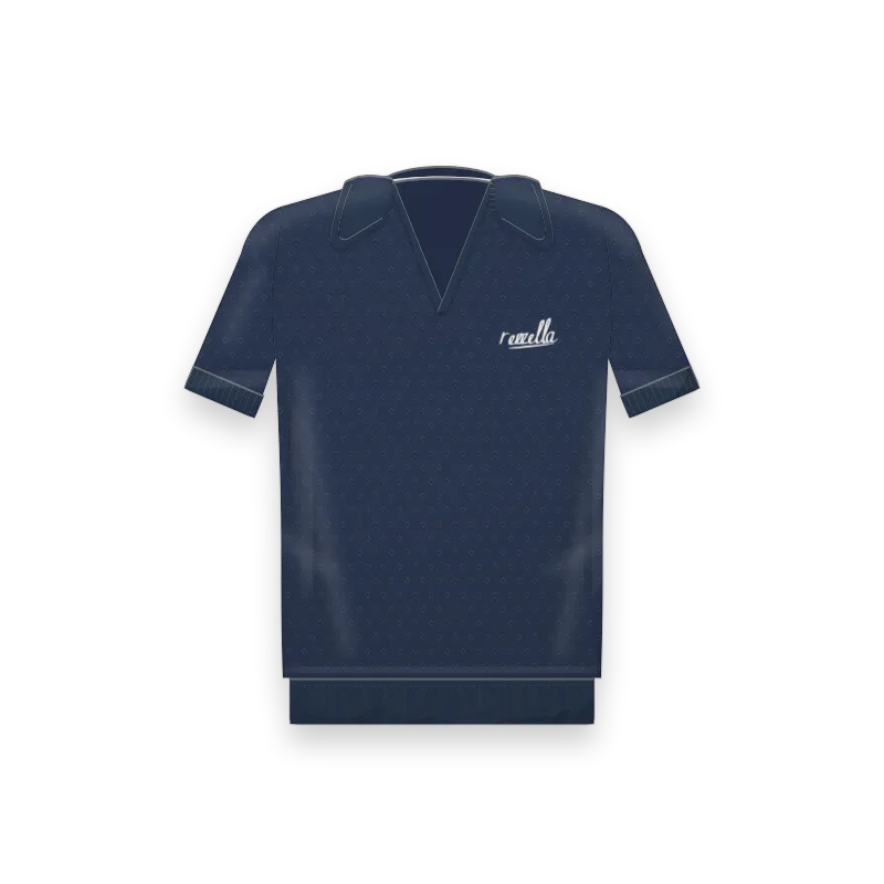 The men’s Knit Polo in Navy, an open knit polo with a buttonless collar, ribbed cuffs and a ribbed hem