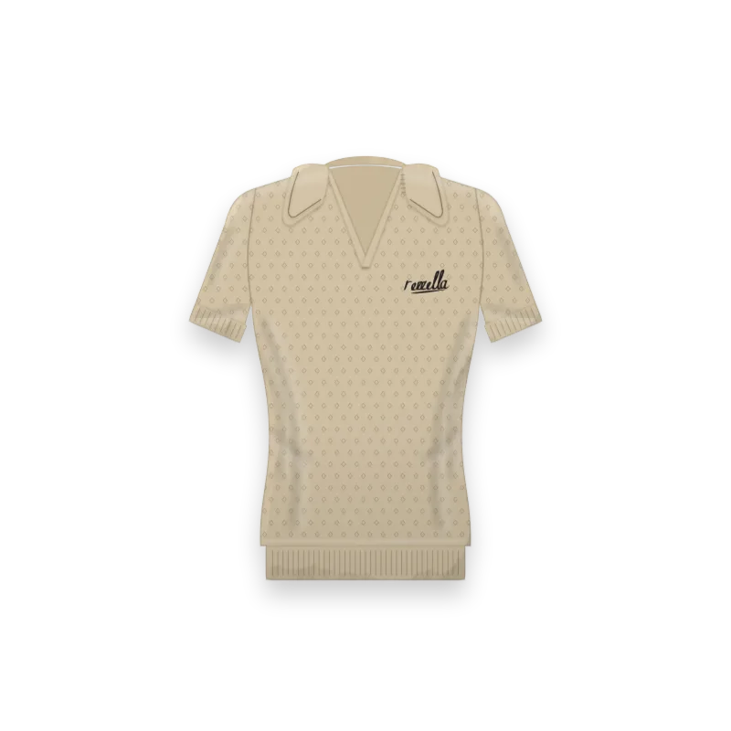 The women’s Knit Polo in Sand, an open knit polo with a buttonless collar, ribbed cuffs and a ribbed hem