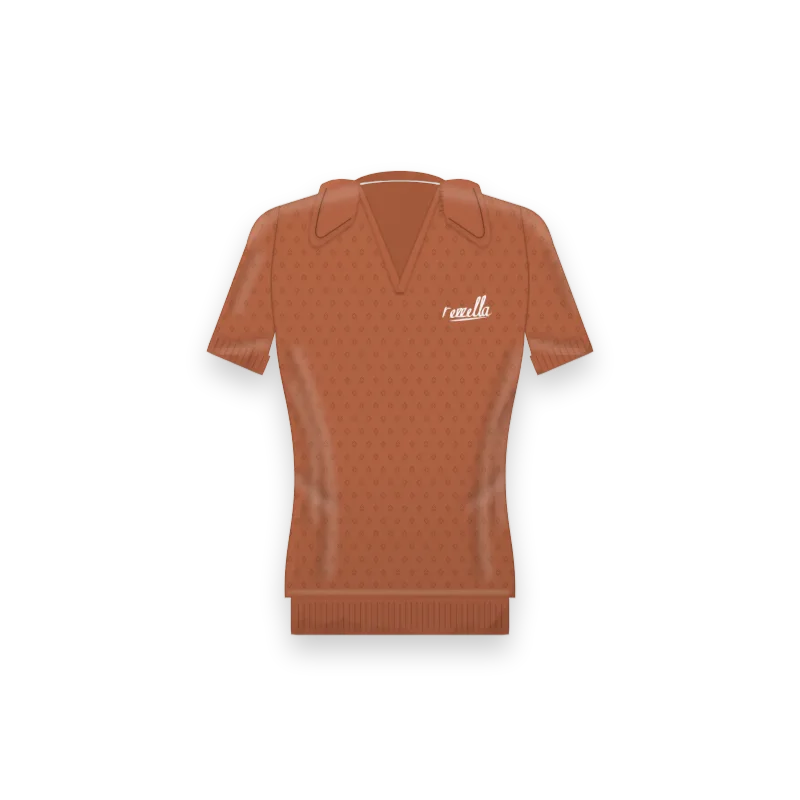 The women’s Knit Polo in Terracotta, an open knit polo with a buttonless collar, ribbed cuffs and a ribbed hem
