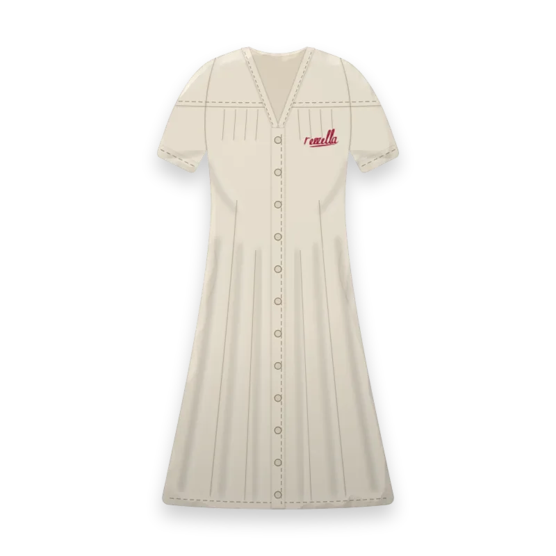 The women’s Midi Dress in Ecru, a relaxed midi dress that buttons all the way down, with short sleeves and side pockets