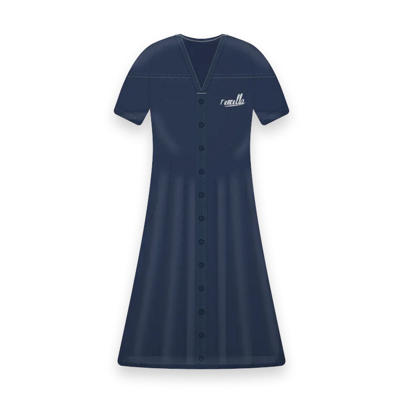The women’s Midi Dress in Navy, a relaxed midi dress that buttons all the way down, with short sleeves and side pockets
