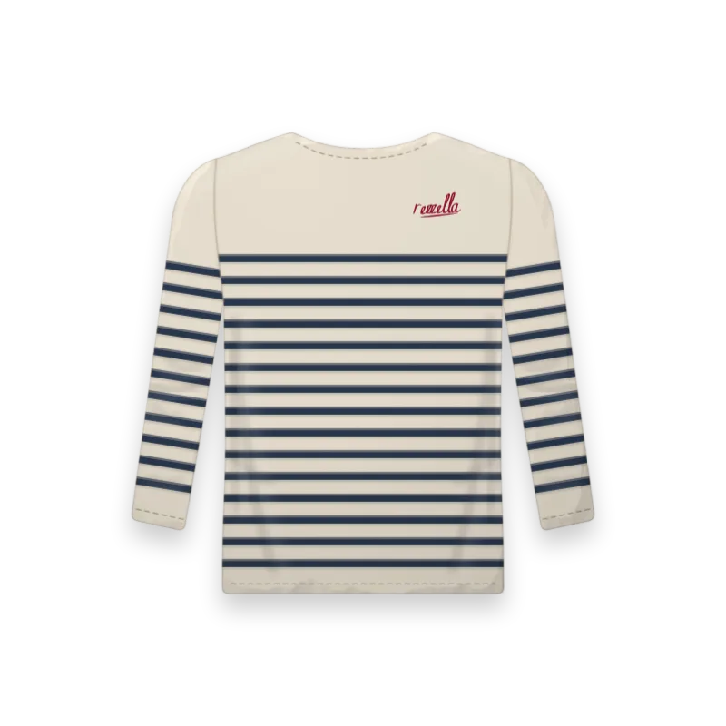 The men’s Striped Long Sleeve with navy stripes on an ecru ground, a relaxed long sleeve top with a wide boat neck