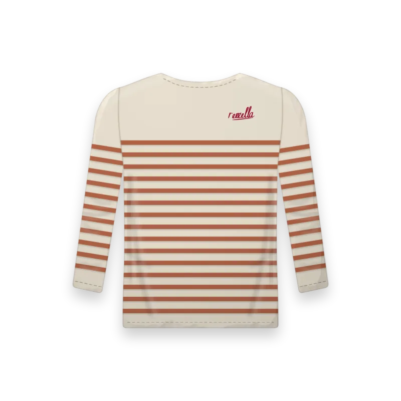 The men’s Striped Long Sleeve with terracotta stripes on an ecru ground, a relaxed long sleeve top with a wide boat neck