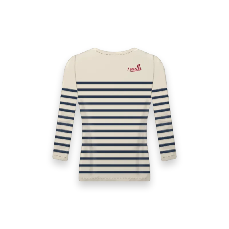 The women’s Striped Long Sleeve with navy stripes on an ecru ground, a relaxed long sleeve top with a wide boat neck