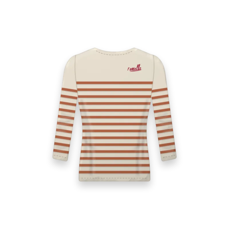 The women’s Striped Long Sleeve with terracotta stripes on an ecru ground, a relaxed long sleeve top with a wide boat neck
