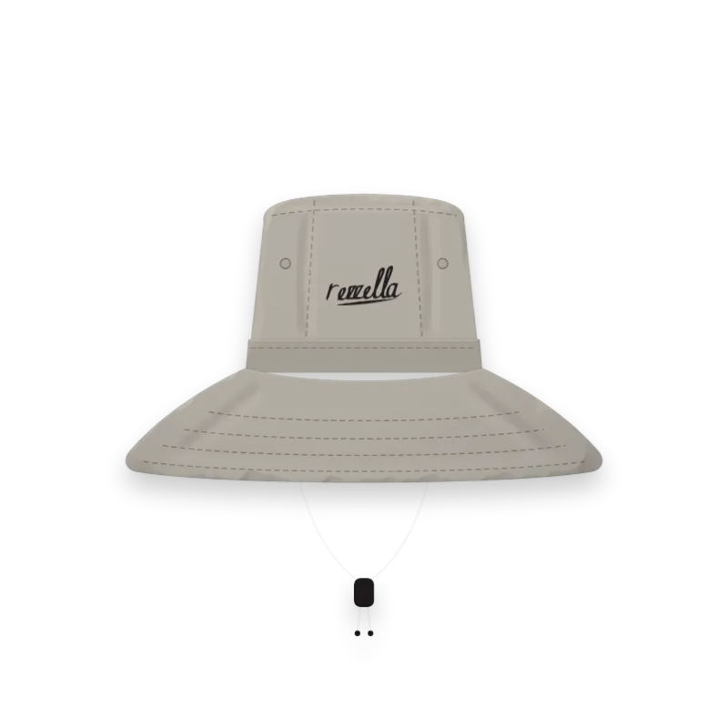 The Sun Bucket Hat in Stone, with a chin cord