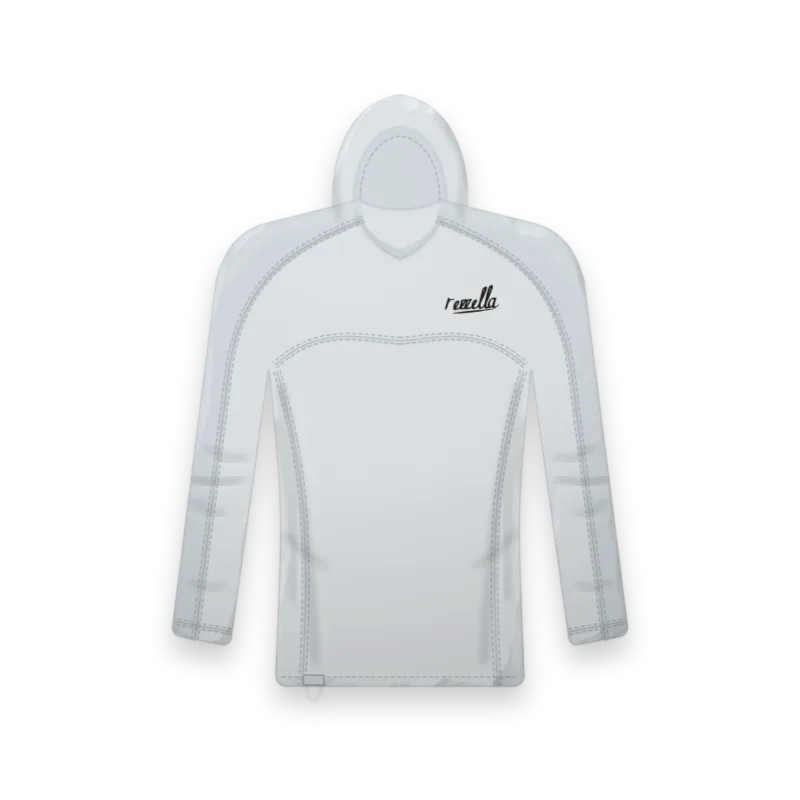 The men’s Surf Hooded Top in Glacier, a close fitting long sleeve top with a snug hood, flat seams and a key loop at the hem