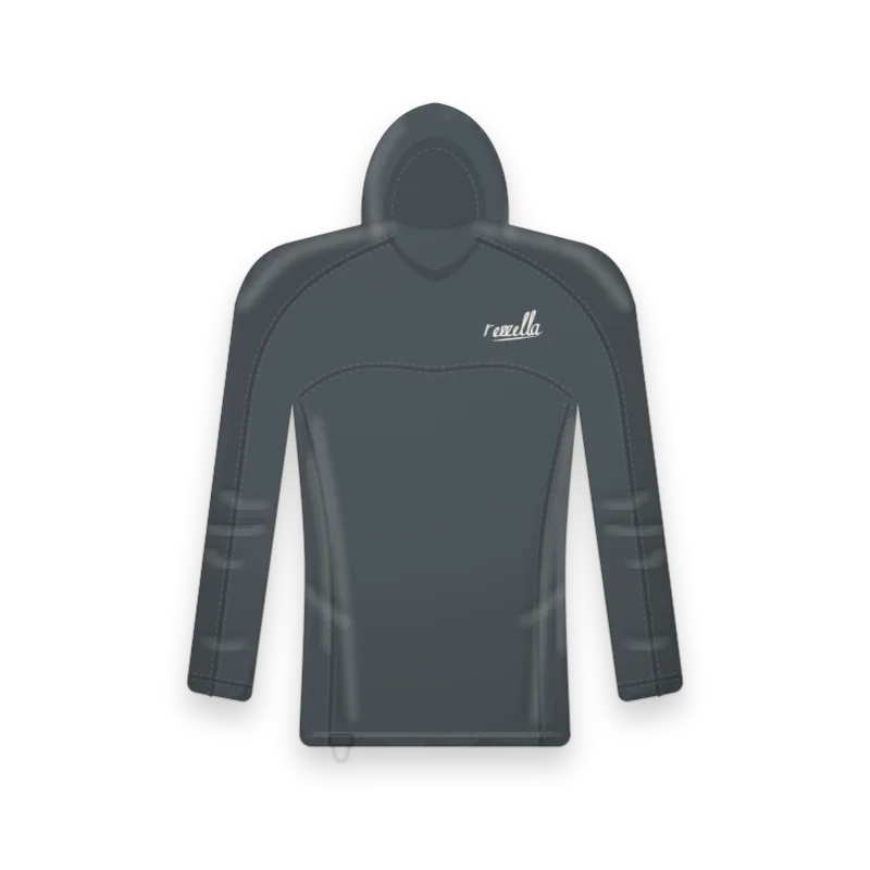 The men’s Surf Hooded Top in Slate, a close fitting long sleeve top with a snug hood, flat seams and a key loop at the hem