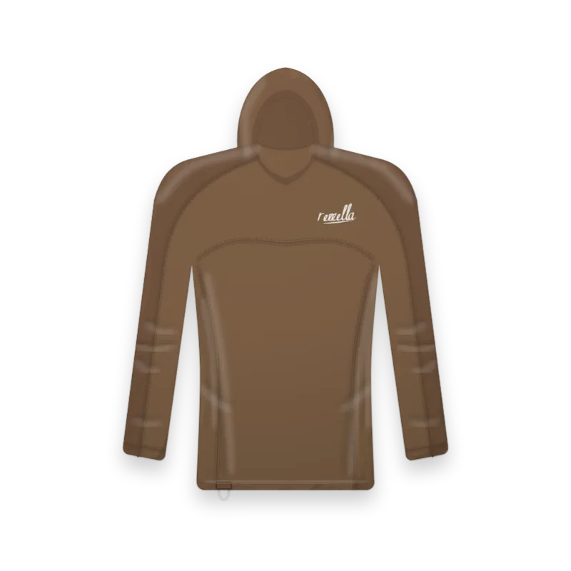 The men’s Surf Hooded Top in Tobacco, a close fitting long sleeve top with a snug hood, flat seams and a key loop at the hem