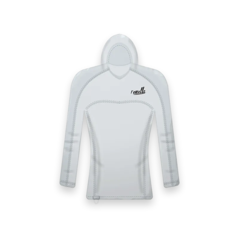 The women’s Surf Hooded Top in Glacier, a close fitting long sleeve top with a snug hood, flat seams and a key loop at the hem
