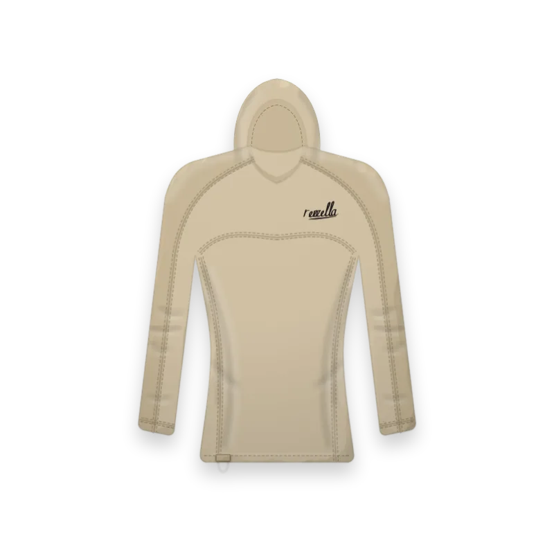 The women’s Surf Hooded Top in Sand, a close fitting long sleeve top with a snug hood, flat seams and a key loop at the hem
