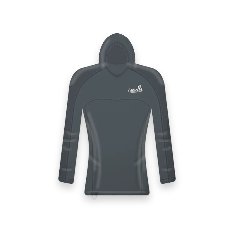 The women’s Surf Hooded Top in Slate, a close fitting long sleeve top with a snug hood, flat seams and a key loop at the hem