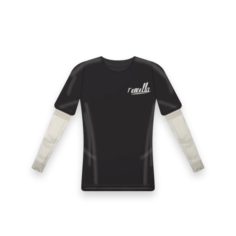 The Sunset: the women’s Sun Tee in Black with Sun Sleeves in Bone under the sleeve hem