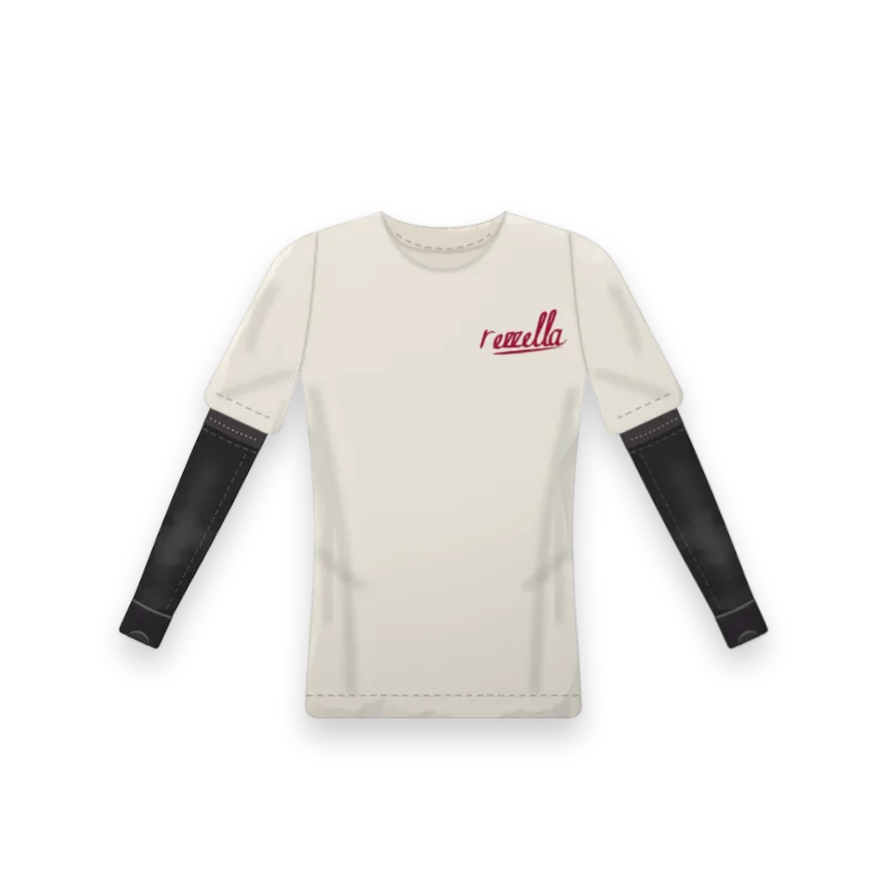 The Sunset: the women’s Sun Tee in Bone with Sun Sleeves in Black under the sleeve hem