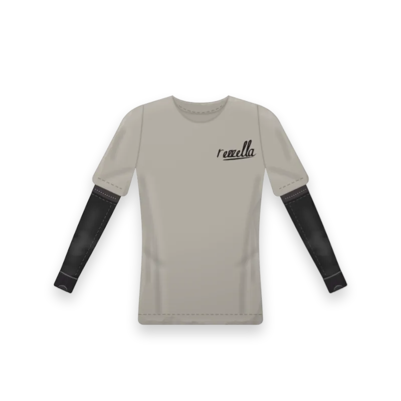 The Sunset: the women’s Sun Tee in Stone with Sun Sleeves in Black under the sleeve hem