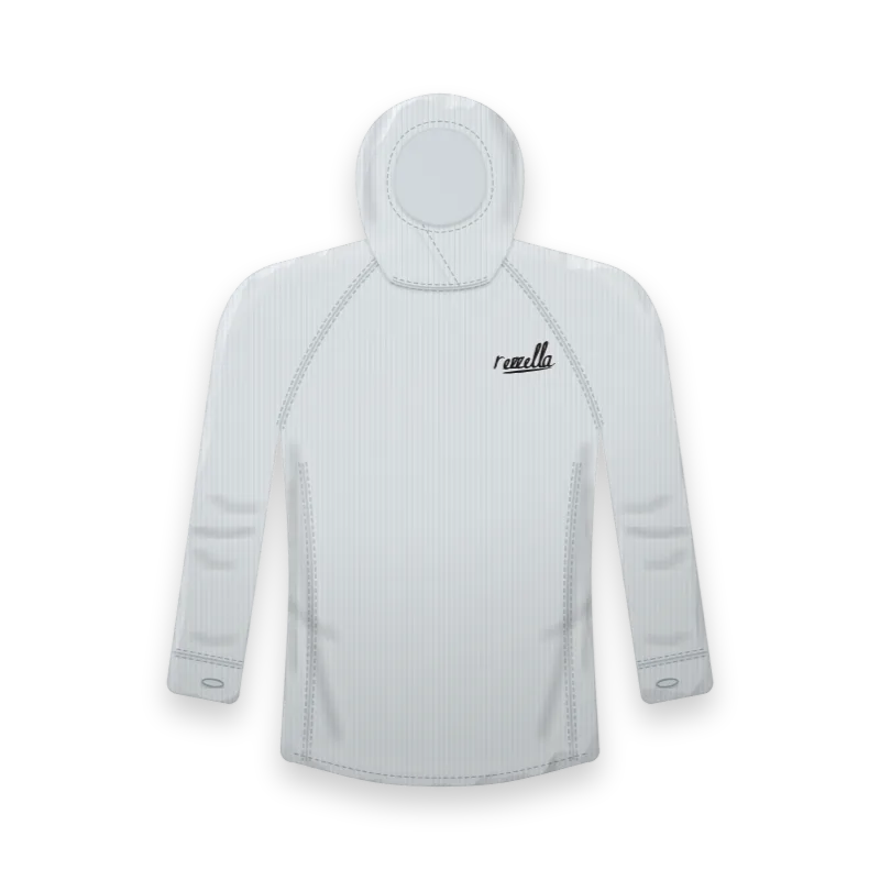 The men’s Trail Sun Hoodie in Glacier, with a hood that pulls up over the chin, thumbholes and flat seams